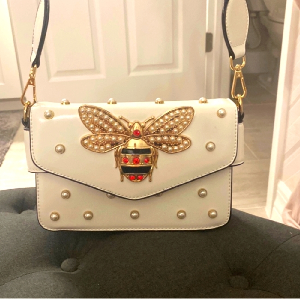 Elegant Cream and Gold Bee Embellished Women's Bag